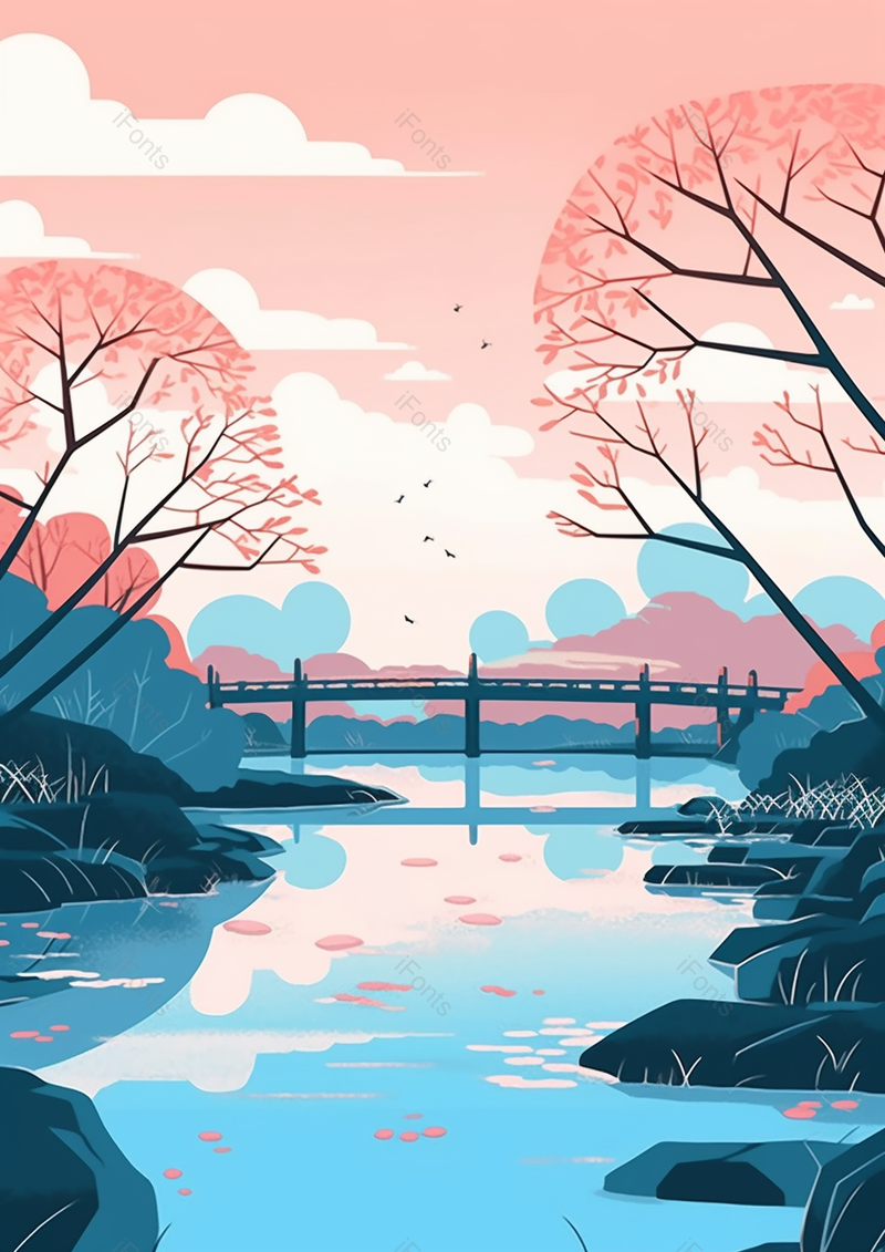 夏天的桥边日出插画背景自然景色手绘,插画/手绘图,插画/手绘图库,插画/手绘图下载,插画/手绘